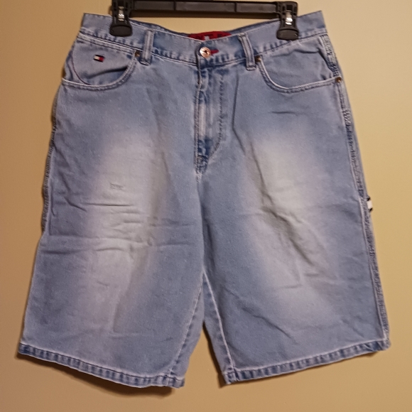 VTG RARE Y2K Tommy Jeans Red Label Denim Utility Distressed Shorts Mens Size 32 - Picture 3 of 12